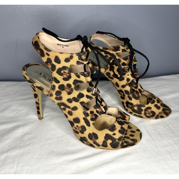 Bebe Shoes Womens Size 10 Leopard Print High Heel Sandals Lace Up Open Toe - Picture 13 of 14